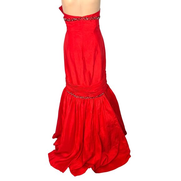 Vintage Y2K Studio 17 Red Strapless Mermaid Gown W/ Rhinestones & Bow - Size 16 - Picture 2 of 10